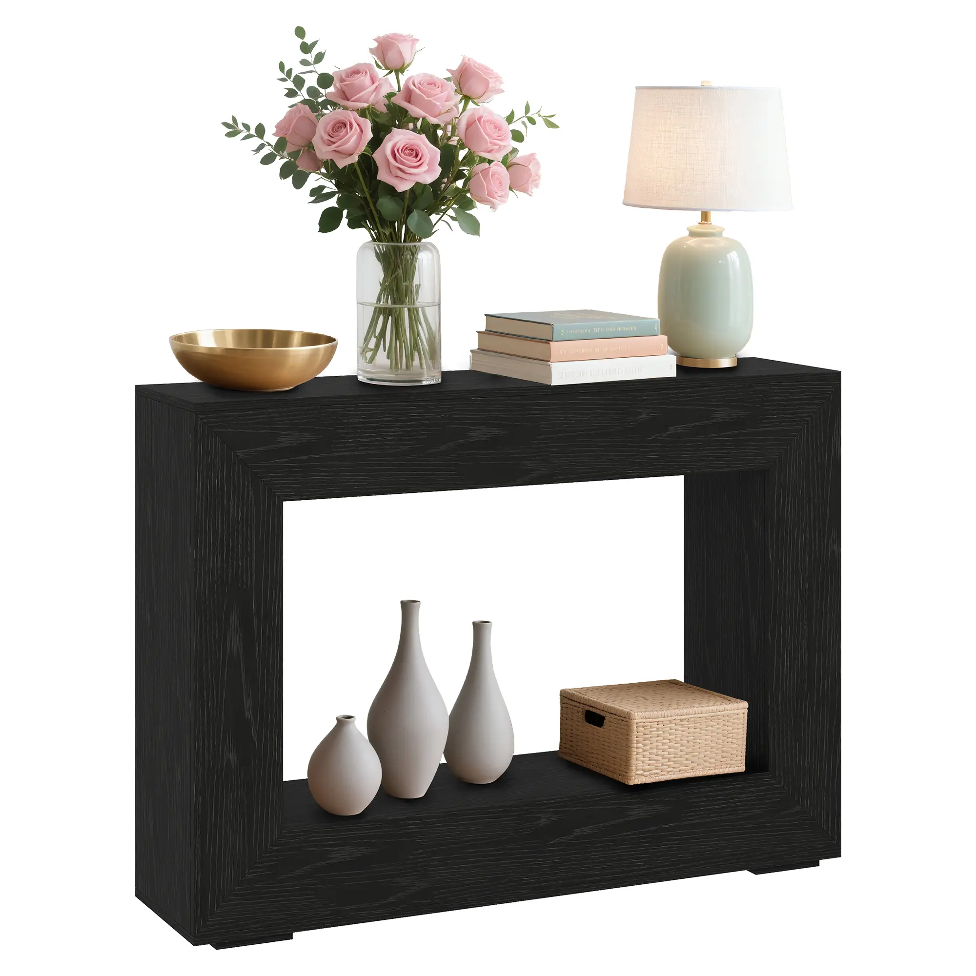 Farmhouse Narrow Wooden Console Table with Tabletop & Storage Shelf - Rustic Modern Accent Furniture, Burnt Wood Texture, Reinforced Legs, Warm Woody Aesthetic - Entryway Table, Wooden Style Living Room Furniture
