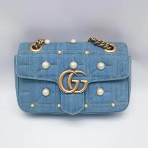 Pre-owned GUCCI Canvas Shoulder Bags Marmont Blue Topstitched Denim Small 22 Pearl Pre owned