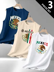 Men's Mexican Eagle Letter Print Graphic Sleeveless T-Shirt Vest Tee Set, Round Neck Vest Design, Casual Street Fashion, 3 Piece Daily Wear Tank Top Set