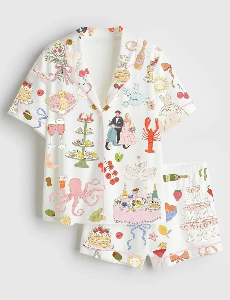 Watercolor Wedding Pajamas Dolce Vita Bridal Party Gift Whimsical Summer Satin Pjs Hand Drawn Aesthetic Loungewear Luxury Bride Set Short Sleeve Shirt & Pants