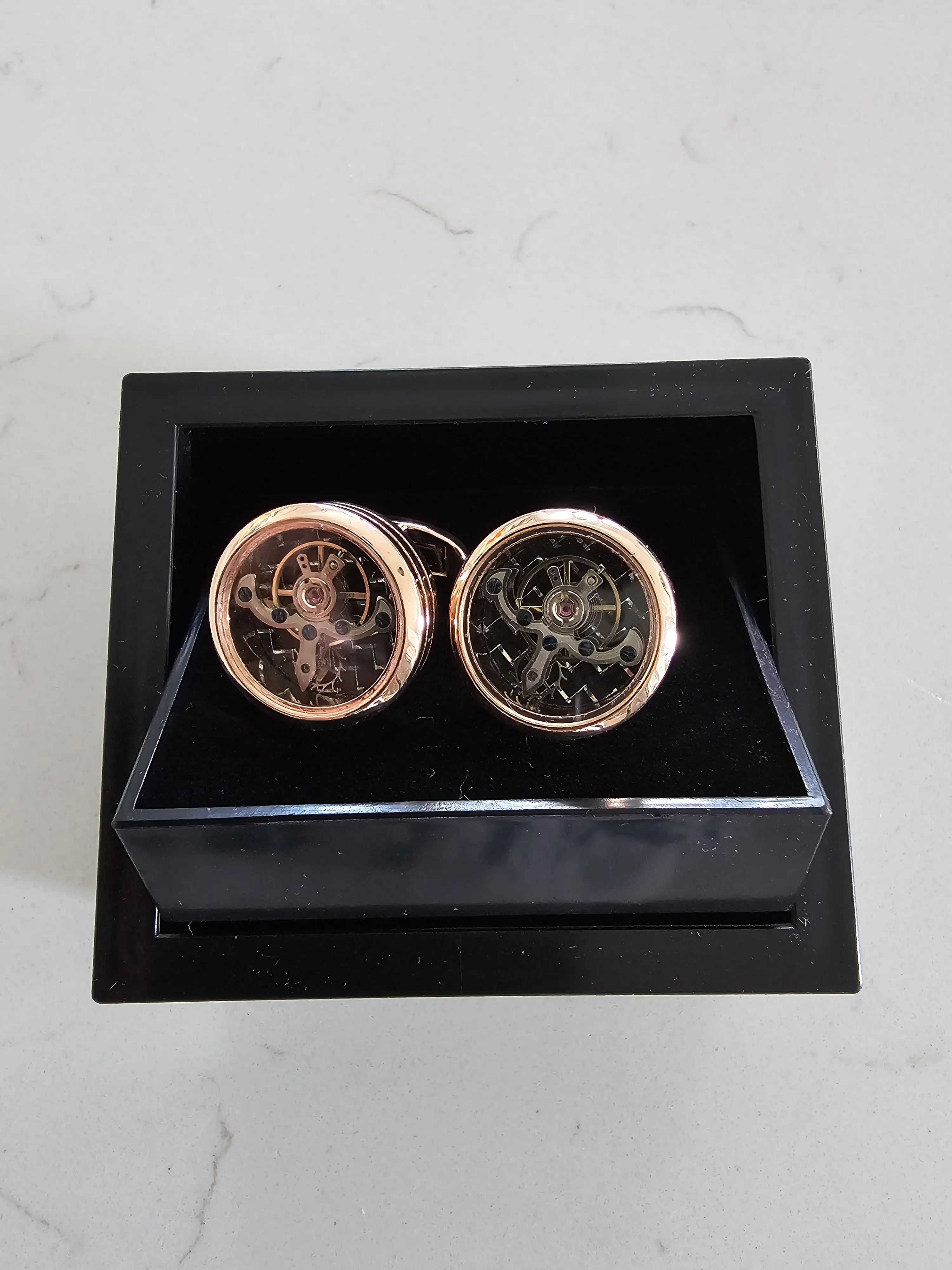 Rose Gold Steampunk Watch Movement Cufflinks, Round Mechanical Mens Cuff Links, Vintage Skeleton Clockwork Suit Accessories, Groomsmen Gift Box Set