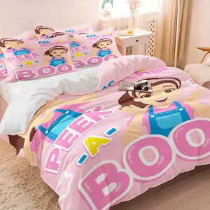 Peek-A-Boo Childlike Print Duvet Cover Set and 1-2 Pillowcases Without Pillows, Cartoon Girl Image with PEEK-A-BOO Fun Slogan, Soft Comfortable, Energetic Cute Bedroom and Children's Room Decor