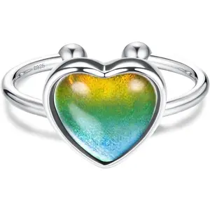 Adjustable 925 Sterling Silver Mood Ring for Women Temperature-Control Changeable Silver Rings Women Change Color Minimalist Delicate Rings for Women Open Heart Ring for Girls