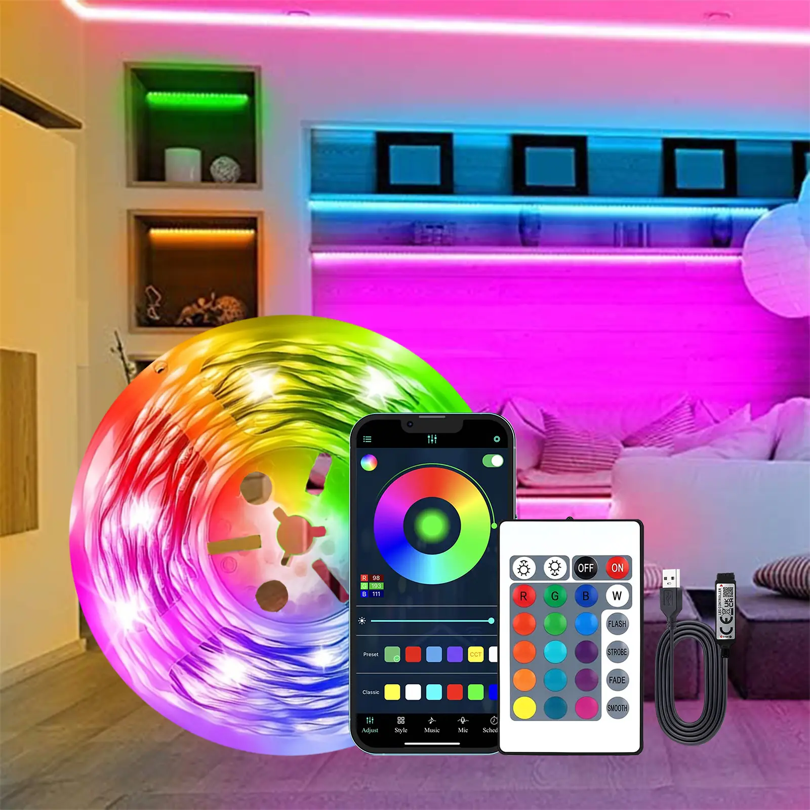 5v RGB LED Light Strip with APP and 24-Key Infrared Remote Control, Easy Install Adhesive Backing for Home Decor and Festivities, Smart RGBW Lights, Interior Rgb Lighting, Flexible Ambient Lighting, Led Decoration, Rgb Light Strips