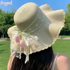 Anygoal Beach Hats for Women's UPF 50+ Wide Brim Straw Sun Hat, Foldable Floppy Beach Hat with Bow Tie Back and Frayed Edge,UV Sun Protection Sun  Breathable Lace Tulip Accent Sun Protection Hat for Summer Vacations, Beach Trips and Pool Parties flap neck