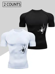 Men's Sport Compression T-Shirt Set, Athletic Fashion Activewear, Quick-Dry Athletic Top, Polyester Spandex Fabric, Short Sleeve Round Neck, Spider Print, All Seasons