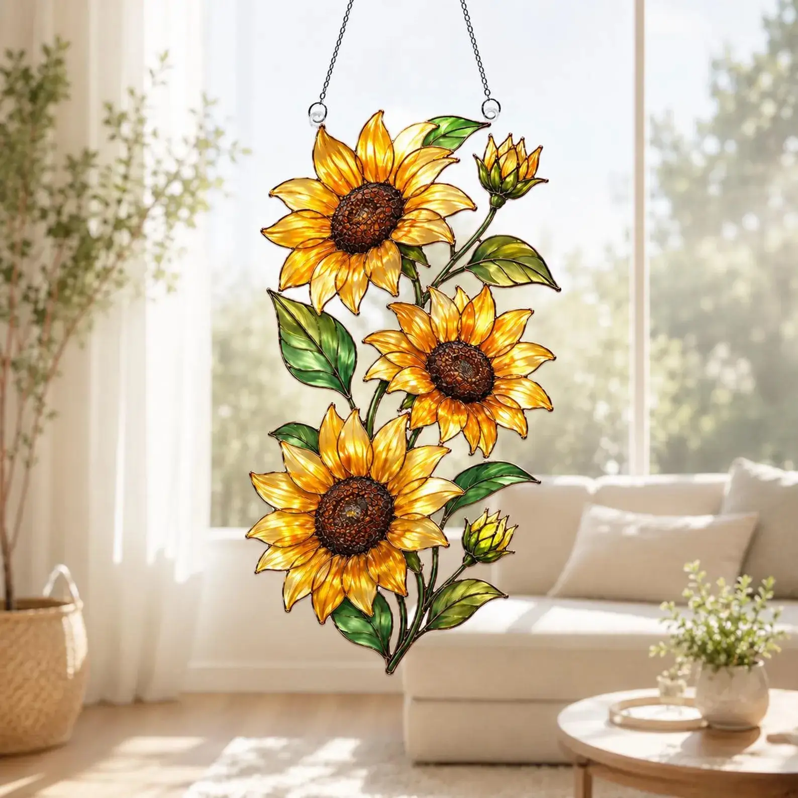 Acrylic Sunflower Suncatcher, Yellow Floral Window Hanging, Summer Flowers Sun Catcher, Botanical Garden Gift for Her Mom Grandma