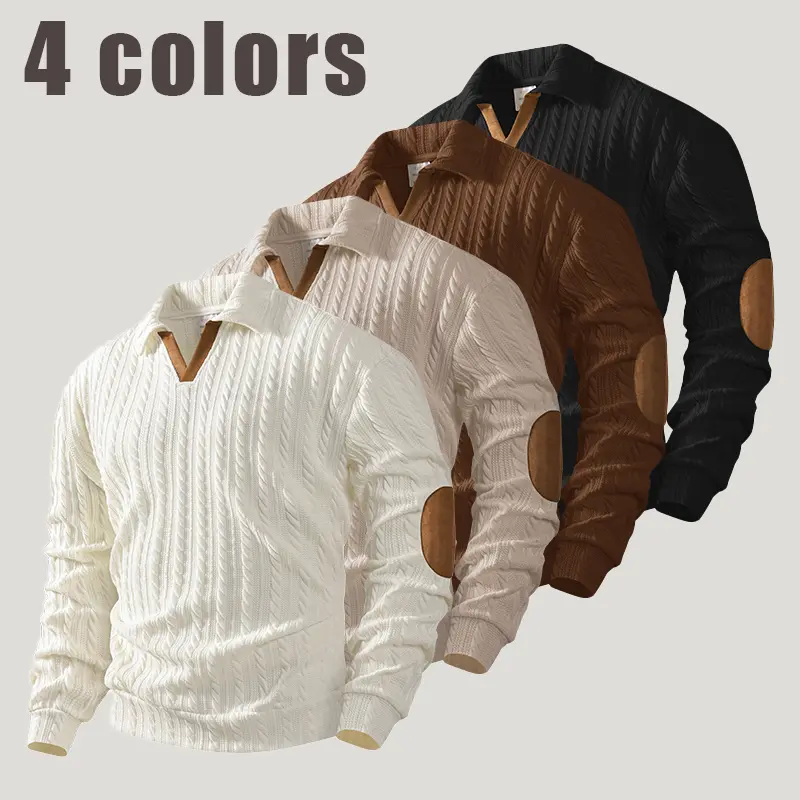 Men Cable Knit Polo Collar Sweater Suede V Neck Spliced Elbow Patch Long Sleeve Pullover Vintage Gentleman Breathable Fall Casual Textured Top Formal Knitwear