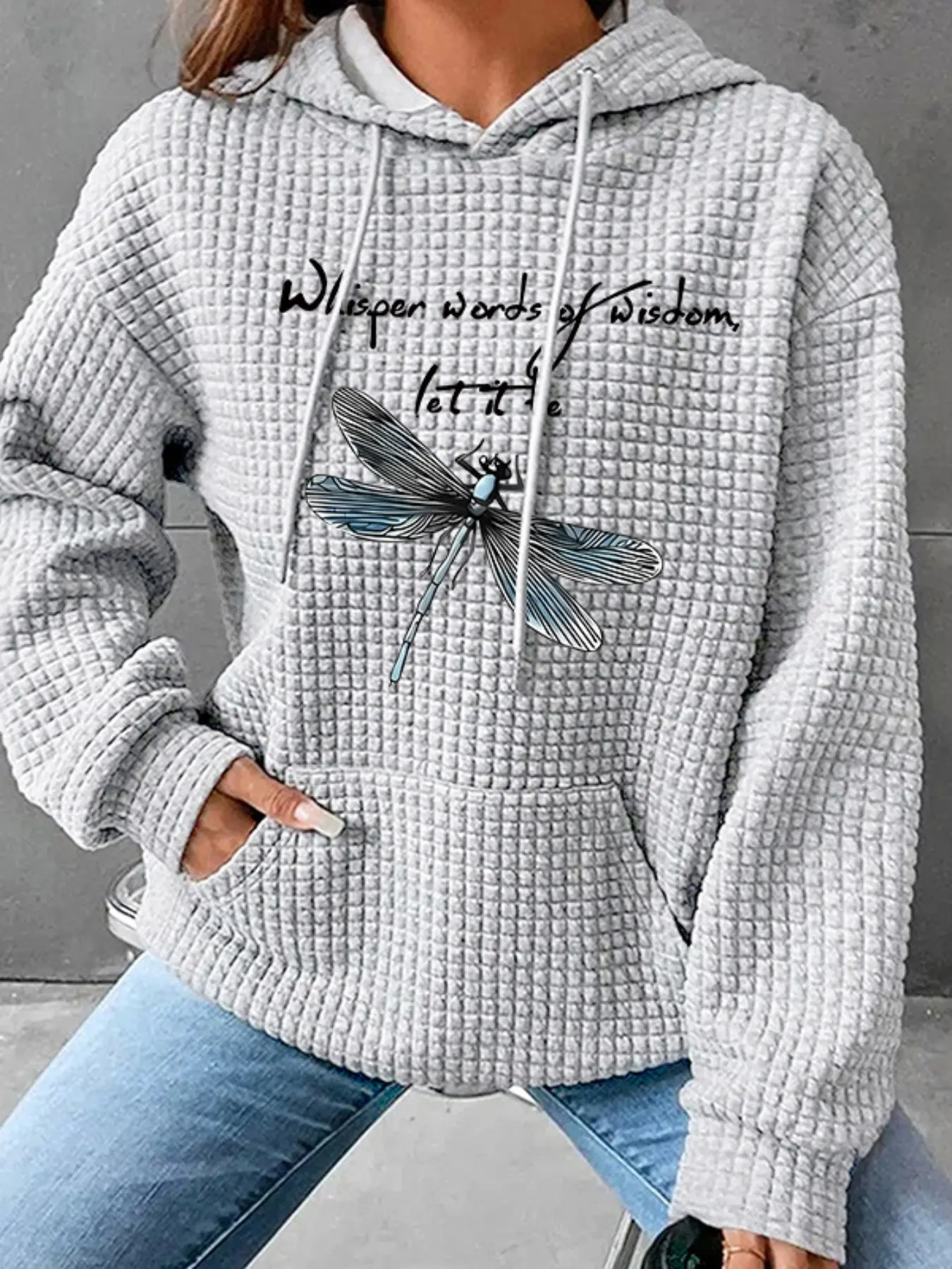 Women's Trendy Hooded Sweatshirt with Dragonfly Print, Inspirational Quotes, Long Sleeve Pullover, Fall & Winter Casual Top, Trendy Hoodie Sweatshirt