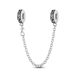 MULA Silver-Plated Classical Scroll Safety Chain, Retro Design Bead Loss Prevention Accessory, Casual Unisex Charm Bracelet Compatibility, Ideal for Jewelry-Loving Women