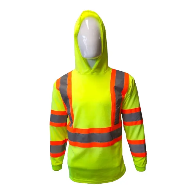 Safety Green Striped Reflective Long-Sleeve Hooded Protective Vest, Stylish Outdoor Work Apparel for Home Improvement & Security Use, Protective Safety Vests