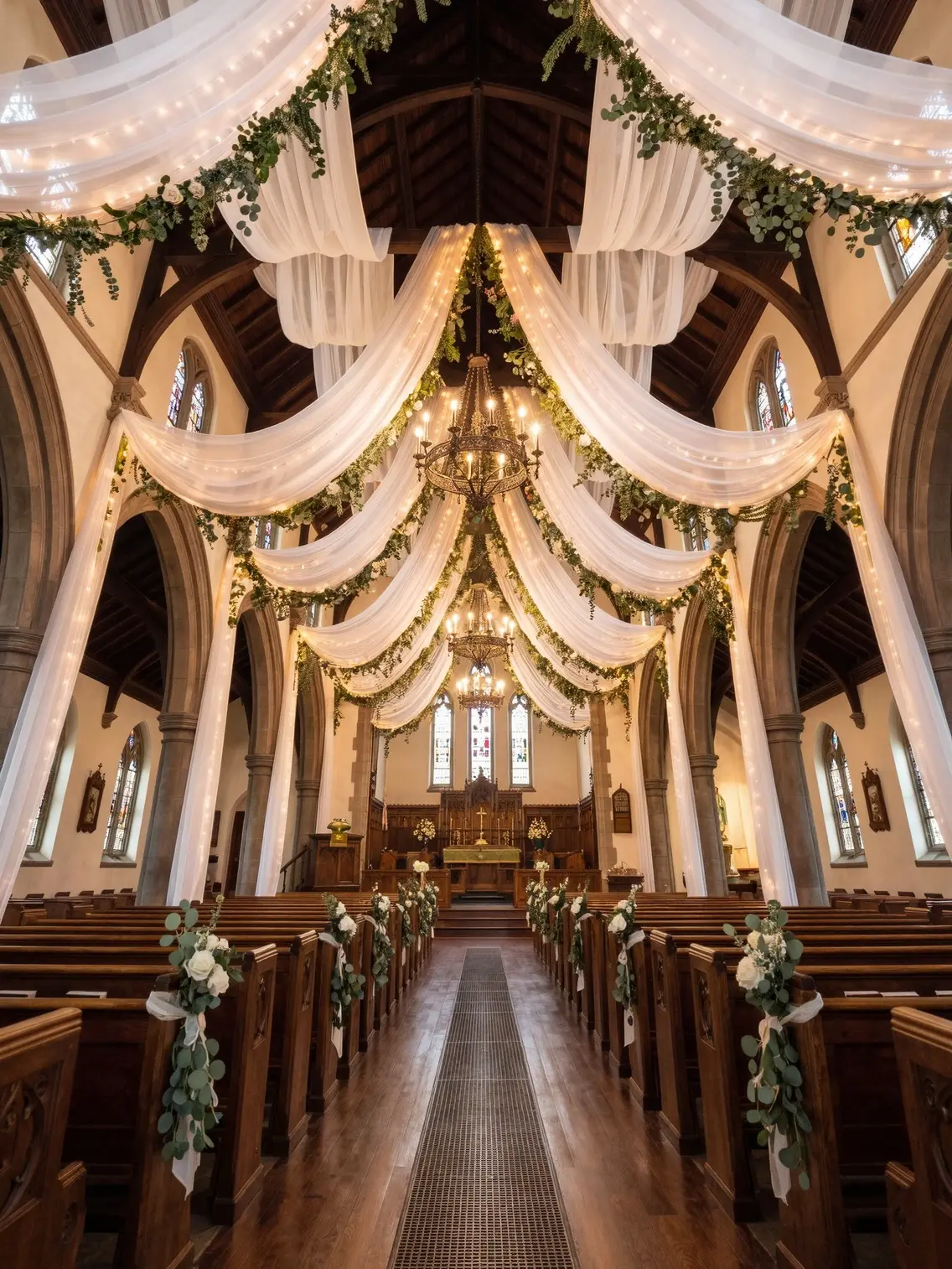 Ivory Sheer Tulle Ceiling Curtains with Light Strings, 6 Panels (5ftx10ft) – Wedding Ceremony Backdrop, Photo Background & Party Arch Decoration