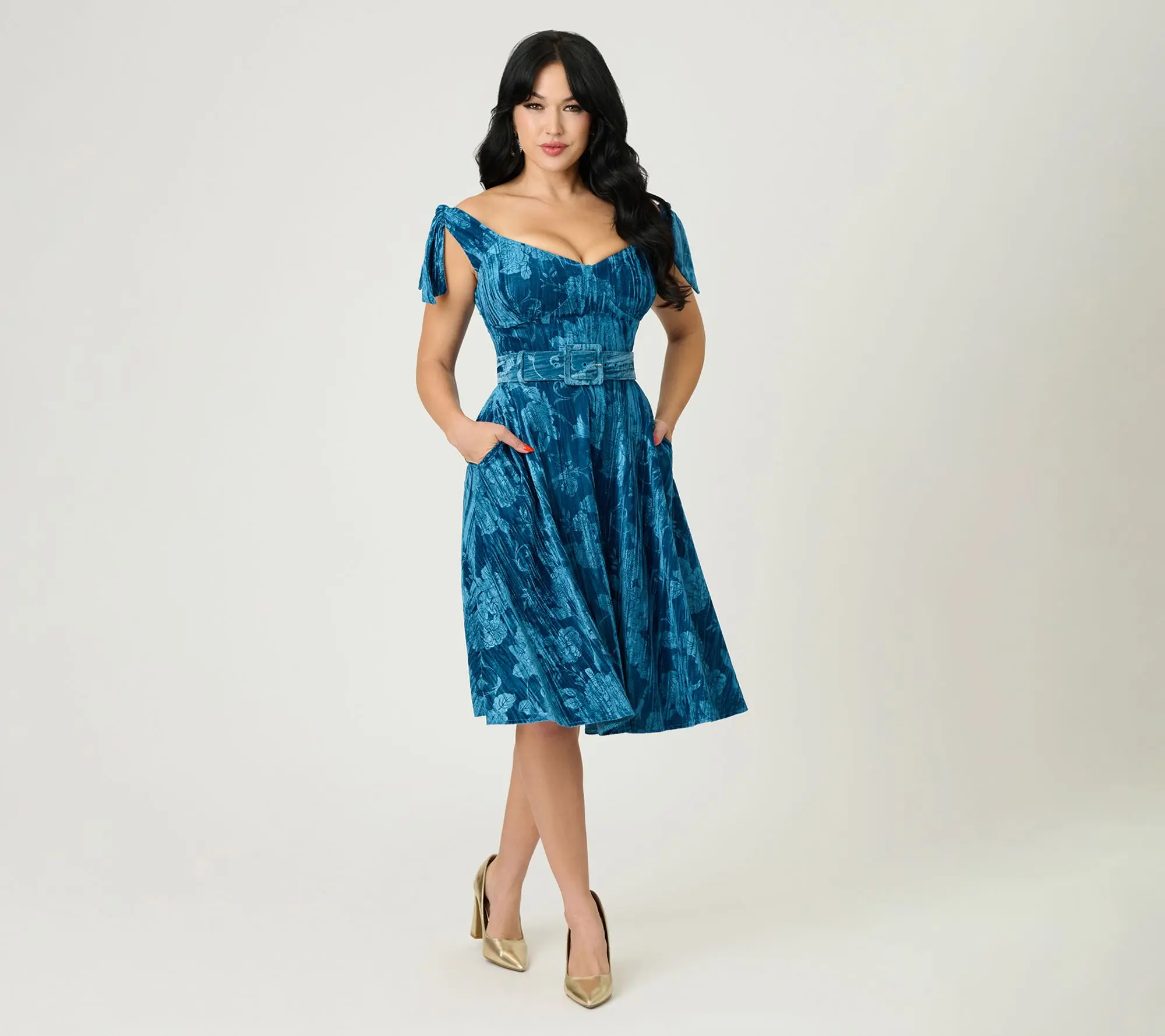 Unique Vintage Blue Floral Embossed Velvet Prairie Swing Dress