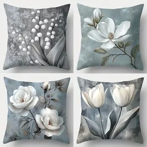 Set of 4 Four Modern Floral Print Pillow Covers Square, Made from Soft And Cozy Fabric, Featuring a Zipper Closure, Machine Washable, Without Inner Filling, Home Textile