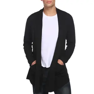 Coofandy Men's Black Ruffle Shawl Collar Cardigan Open Front Lightweight Long Length Drape Cape with Pockets Casual Fashionable Long Sleeve Tops