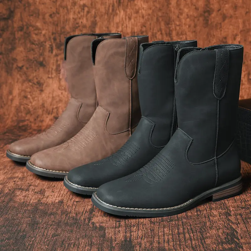 CYUW Men’s Retro Mid-Height Boots with Side Zipper, Embroidered Texture, Low Chunky Heel, Western Vibe, Casual Urban Street Shoes for All Seasons