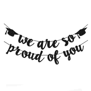 2026 Black Glitter Graduation Banner Party Decorations, “We're Proud of You” Graduation Banner, suitable for graduation party supplies, schools, home, and room decorations