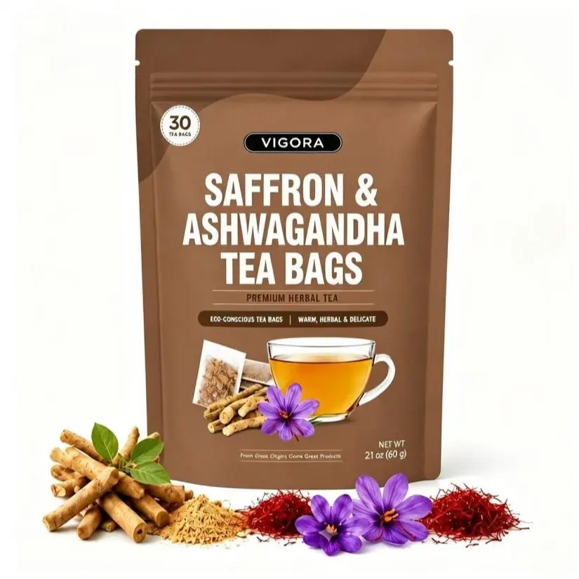 VIGORA  Saffron & Ashwagandha Tea – Natural Herbal Tea Bags for Calm Daily Moments, Caffeine Free Blend with Smooth Earthy Taste, 30 Bags