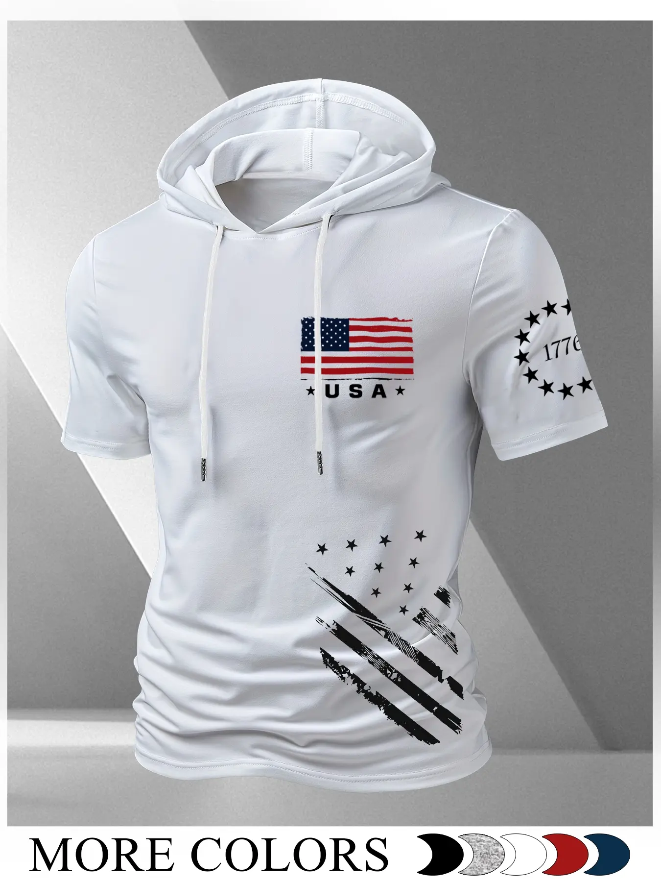 Men's "1776 & USA Flag" Hooded Short-Sleeve Fitted Tee, Distressed Retro Patriotic Alternative Streetwear, Graphic Streetwear Clothing, Casual Lifestyle T-Shirt, Tops