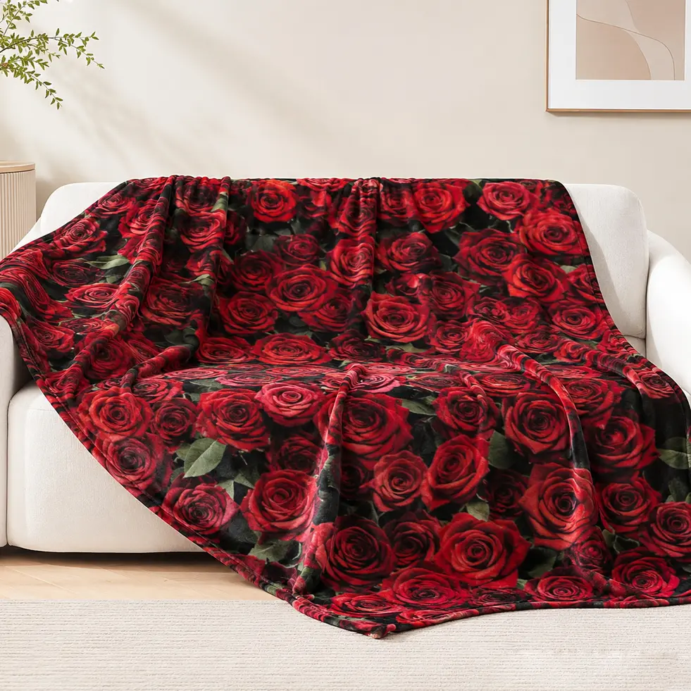 Rose Flower Fleece Throw Blanket, Red Black Floral Pattern Soft Cozy Lightweight Flannel Blanket for Couch Bed Sofa, Mothers Day Birthday Gifts for Women Mom Her, All Season Warm Throw 50"x60"