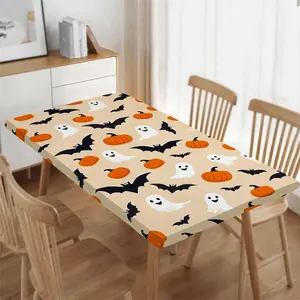 Halloween Ghost Pumpkin Bat Pattern Polyester Windproof Elastic Tablecloth, High-Quality Design for Camping Picnic Garden Party Gift