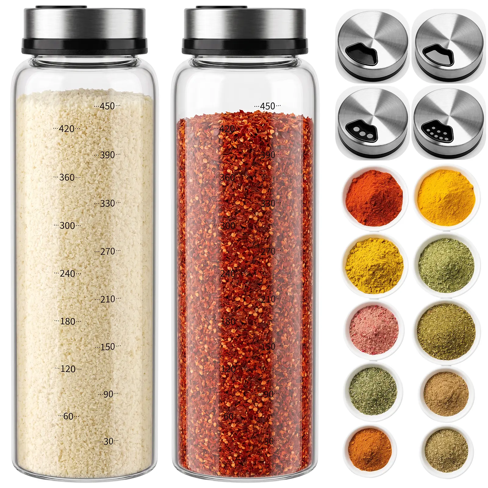 NiHome 2Pack 17oz Glass Spice Shakers Set, Adjustable Lid Dispenser, Clear | Premium Borosilicate Steel Top With Wide Opening For Easy Refill Safe For Dishwasher Pizza Seasonings Cheese And Herbs