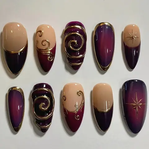 3D Lines Night Starburst French Style Detachable Press on Nails, Model 53hj-04, Single Item Pack, French Tip Designs