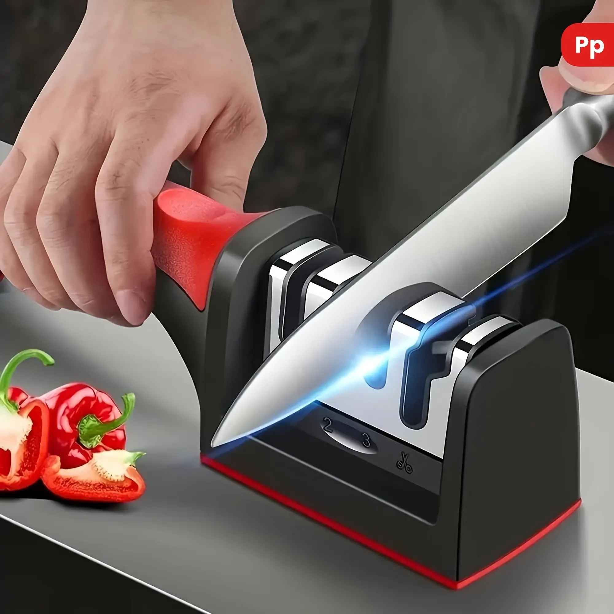 Level 4 Manual Kitchen Knife Sharpener - PP and TPR Body Kitchenware Tool, Durable, Suitable for Home Use, Works for Knives
