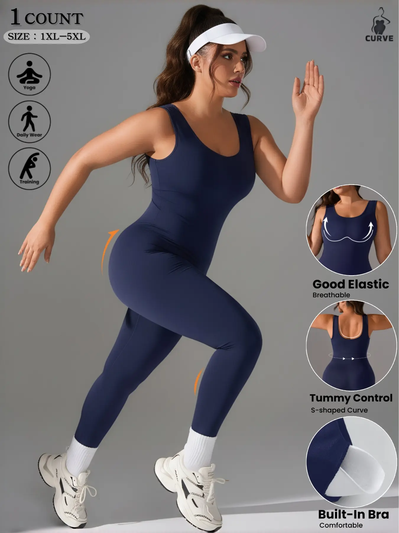 1-piece large-size women's sleeveless body-shaping sports jumpsuit, Sporty jumpsuit, sportswear jumpsuit, Solid Color Jumpsuit, with removable bra pads, available in (1XL-5XL), suitable for fitness and daily casual wear