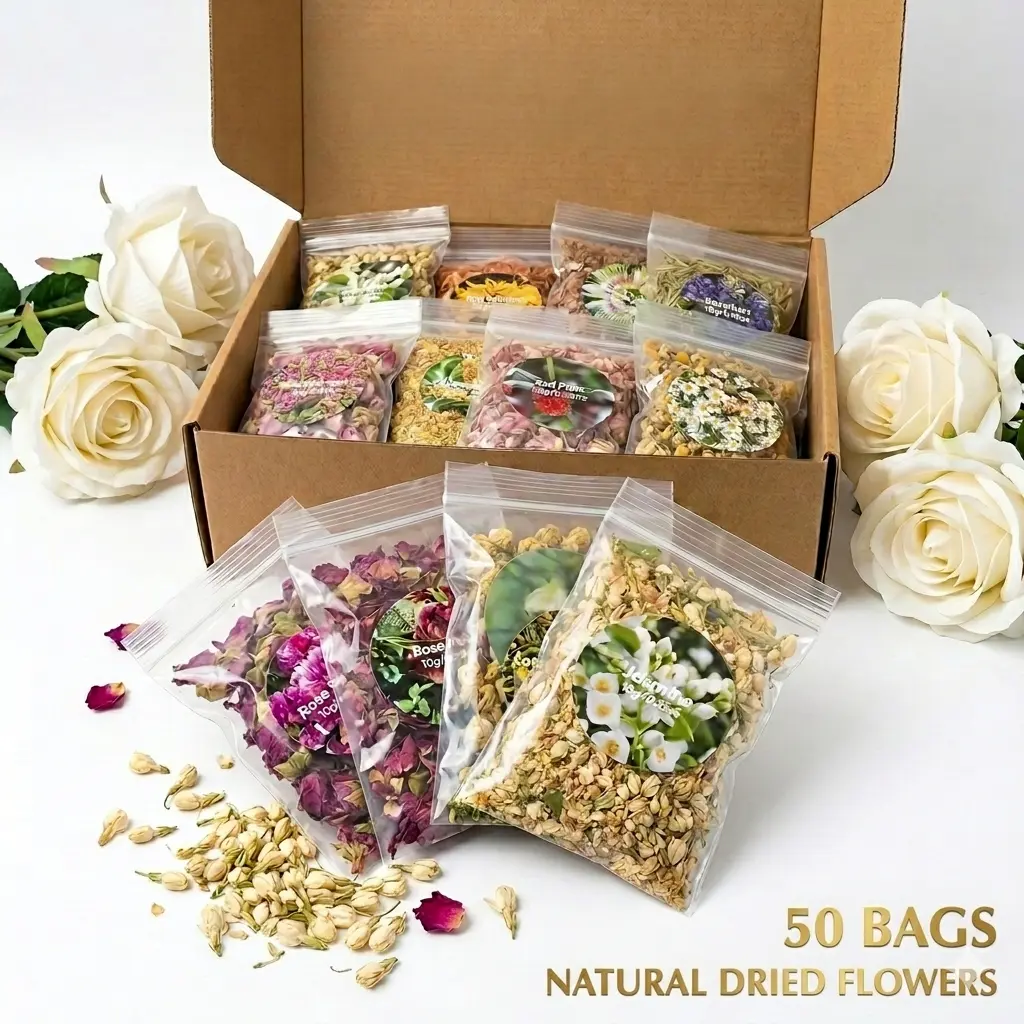 50-Bag Organic Natural Dried Herb & Flower Craft Kit - DIY Candle Making Supply for Craft Enthusiasts, Soap Making, Enhance Self-Care Routines, DIY Herbal Bloom Kit