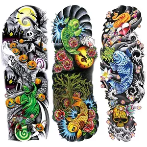 3 Colorful Temporary Tattoo Set, Realistic Tattoos, Large Realistic Skull Koi Fish Sleeve Stickers for Halloween, Body Art Gift for Men & Women