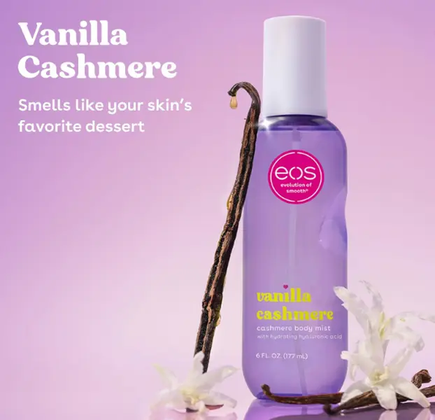 eos Cashmere Body Mist, Vanilla Cashmere, soft musk, cozy caramel, hair mist, body spray for women, moisturizing, hyaluronic acid, body spray, vegan, cruelty-free, 6 fl oz