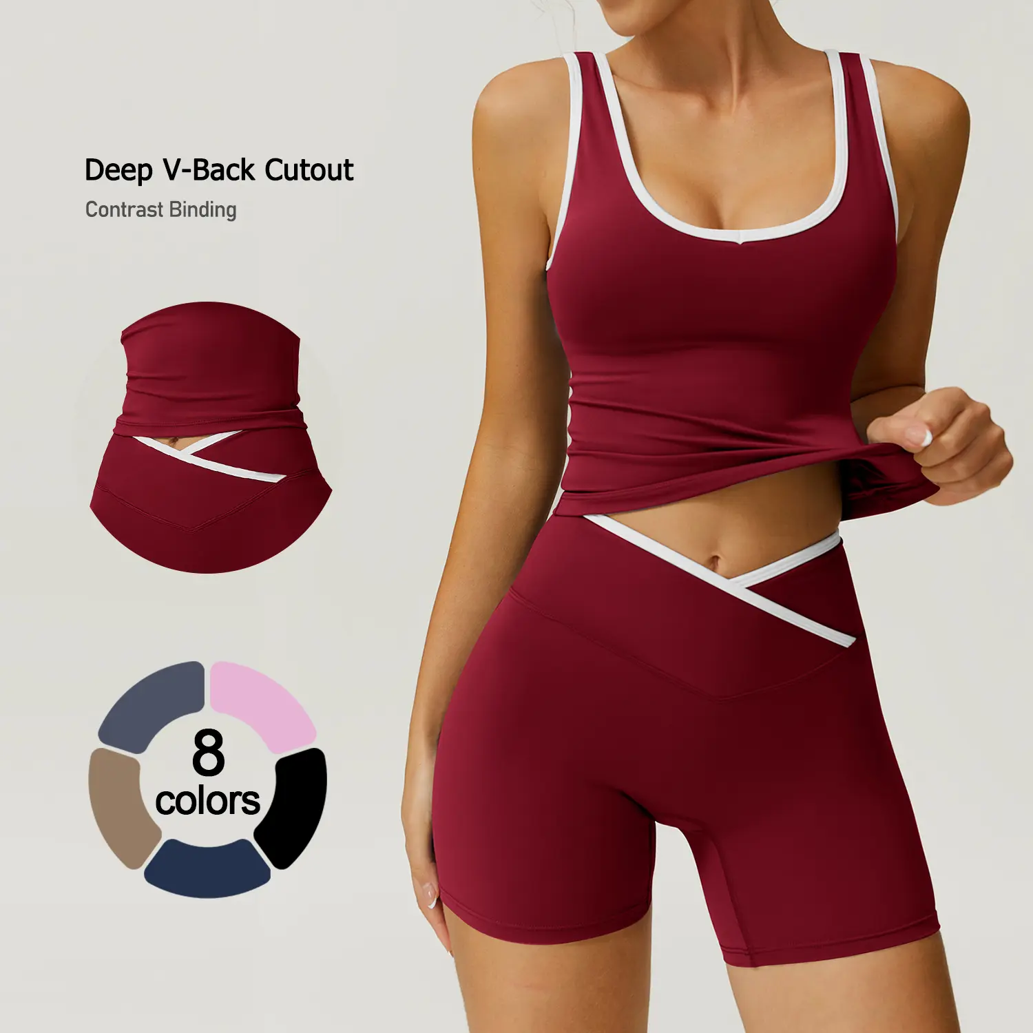 TIMEOFF Women's 2 Piece Workout Set, Color-Blocked Halter Crop Top with V-Back & Mid-Rise Shorts, 4-Way Stretch Matching Set for Gym & Yoga, Women's Clothes, 2 Piece Sets, Women's 2 Piece Sets, Gym Clothes Women