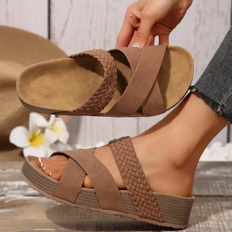 Women Fashion Sandals Thick Bottom Braided Cross Casual Slip-On Slippers Beach Sandals Springfresh