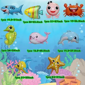 9 Packs Large Cute Sea Animal Balloons Octopus Shark Fish Dolphin Hippocampus Crab Scallops Foil Balloons for Boys Girls Sea Underwater Animals Theme Party Decoration, Car Interior Accessories Aluminium Pump Tropical