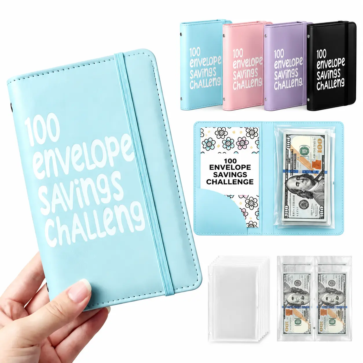 PU Leather 100-Day Money Savings Book 100-Day Kit - Budget Planner Notebook, Envelope Savings Tool with Goal Sheets for Financial Habit Building (Accounting Office Stationery Supplies)