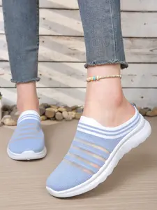Women's Striped Knit Mules Shoes, Breathable Textile Upper, Low Top Round Toe Design, Lightweight Anti-Slip Casual Walking Shoe, Footwear, Blue