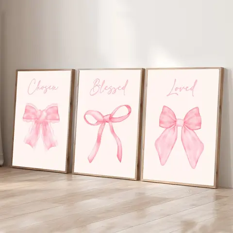 Women's Preppy Coquette Girly 3-Piece Unframed Pink Bow Motivational Canvas Wall Art Prints - Chic, 100% Humidity-Safe, Fast-Wiping, Waterproof, High-DPI, Multi-Size, Girl Room Decor, Apartment & Wardrobe Decor, Wood Support, Corrugated Box Packaging