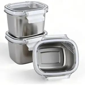 3 Piece Stainless Steel Containers with Lids, 15.25oz Leakproof Reusable Food Storage Small Snack Boxes, Meal Prep Containers for Dips Condiments Snacks