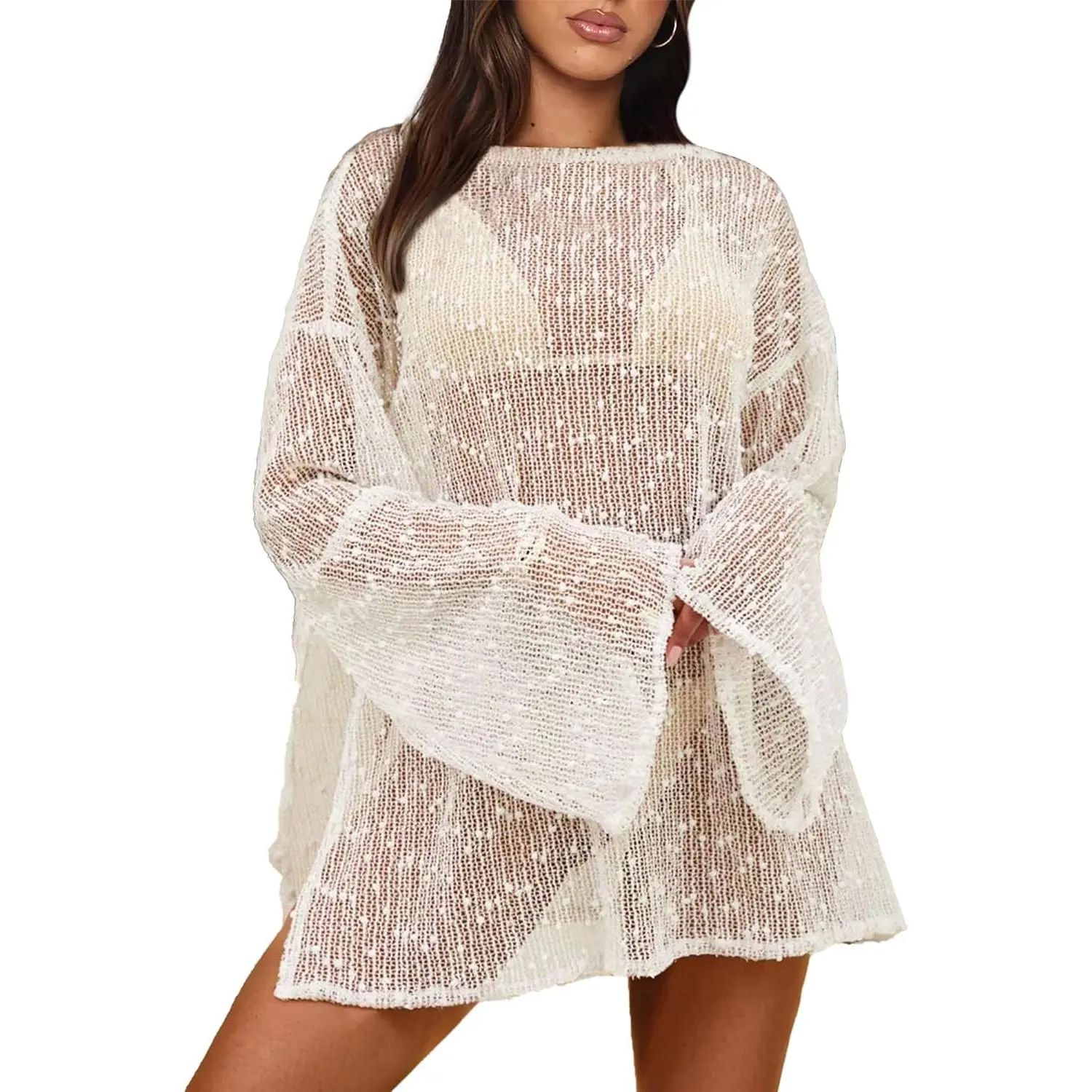 Women's Polyester Sheer Longsleeve Crochet Poncho Caftan - Boat Neck, Loose Fit, Full Length, Side Slits, Little Sequins, Bikini-Match Ready Swimsuit Cover Up for Bride, Honeymoon Gift