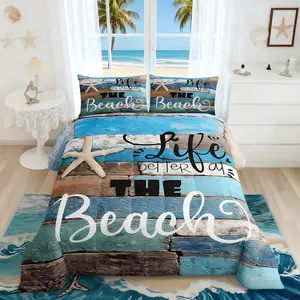 Ocean Theme Comforter Set Blue Rustic Farmhouse Wooden Bedding Set for Women Men Boys Girls Room Decor,Hawaiian Style Quilt Set Starfish Sea Life Duvet Insert, Vintage Brown