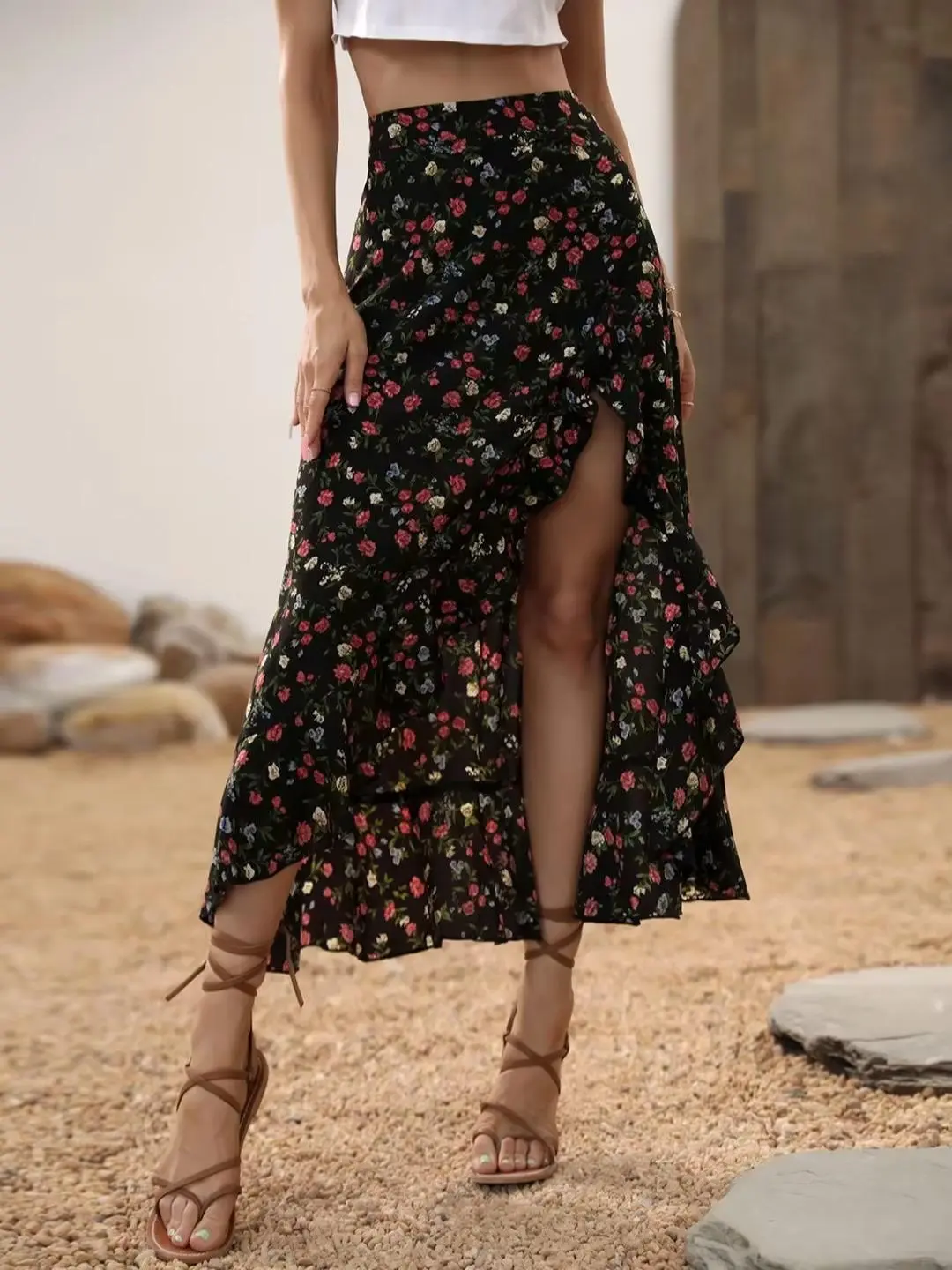 Women's Floral Printed High-Waist Slim-Fit Flowy Swing Skirt - Ruffled Side Slit, Quality Fabric for Casual Holiday Wear