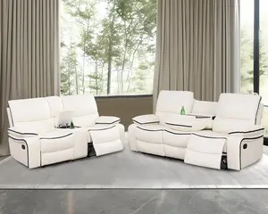 Manual Recliner Sofa and Loveseat Set 2 Pieces Creamy White Leather Recliners with Storage Console & Cup Holder for Living Room House Bedroom Office Apartment