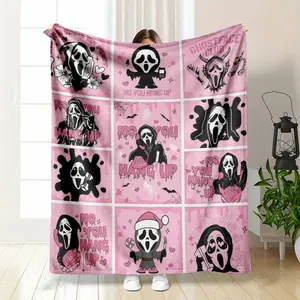 Pink Ghost Face Flannel Blanket Cute Horror Phone Call Print Soft Plush Warm Sofa Bed Throw for Home Decor Movie Night Halloween Party Valentine's Gift summerwins