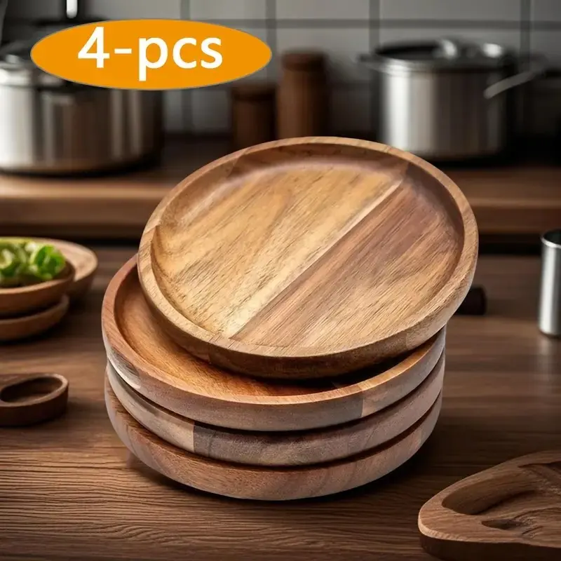 4pcs Teak Tray Set, Round Design for Coffee, Tea, Snacks, Sweet Treats, Wooden Candle Holder, Home Decor, Kitchen Accessories, Graduation Gift, Coasters for Drinks