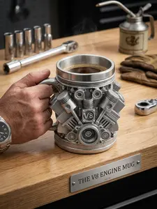 1Pc V6/V8 Engine-Themed Mug -Inspired by mechanical engineering, portable stainless steel coffee mug serves as a cool desktop centerpiece and the perfect companion for your travels. Featuring a three-dimensional engine design