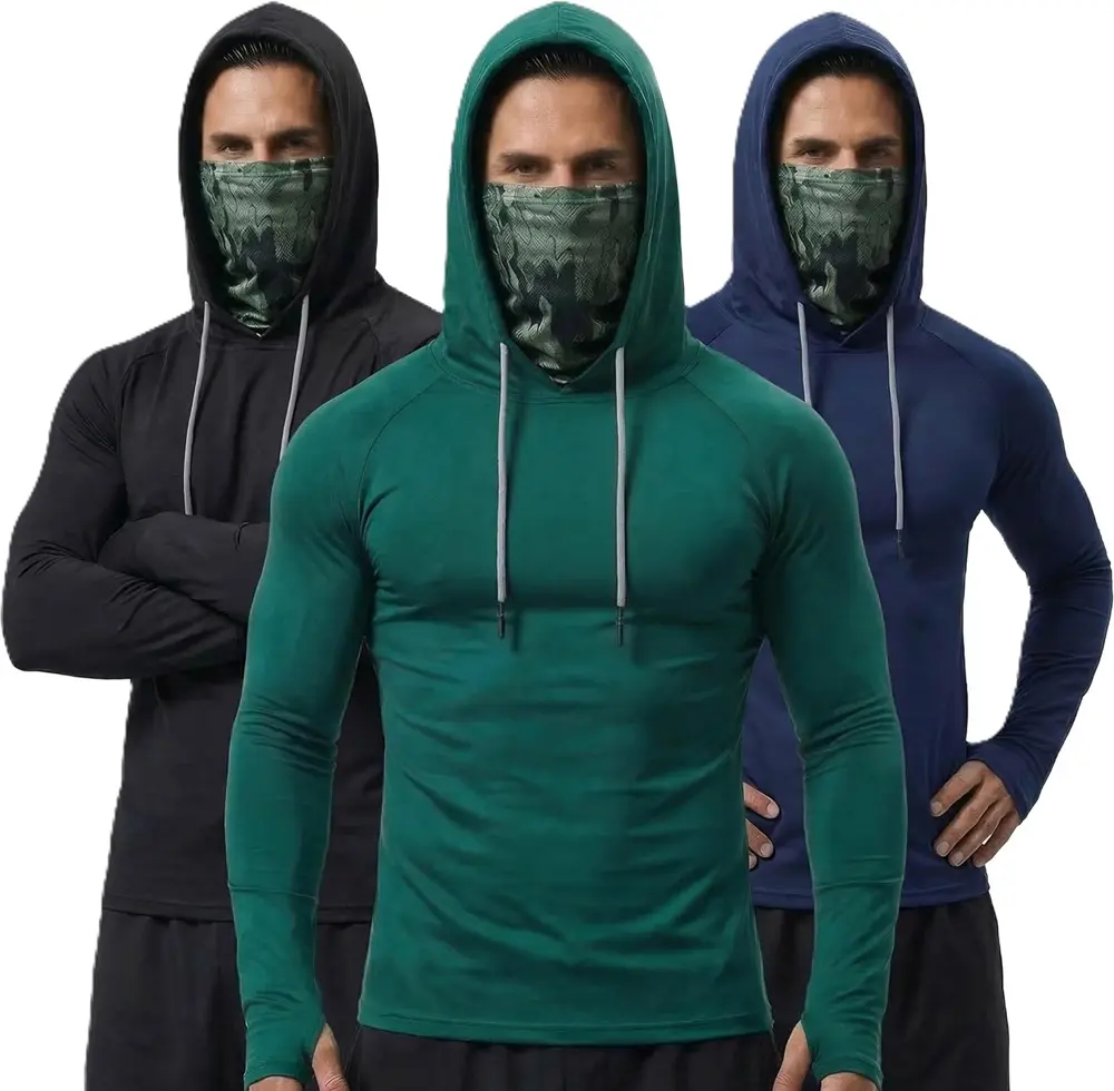3-Piece Men's Quick-Dry Breathable Hoodies with Face Coverings Long-Sleeve T-Shirts- Spring/Fall Compression Sports Tops - Quick Dry Compression Fishing Shirts Long Sleeve Outdoor Work Tactical Hiking Gear Athletic Fashion summerwins