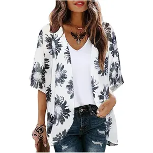 Women's Floral Print Puff Sleeve Kimono Cardigans Chiffon Casual Loose Open Front Cover Tops Cardigan Blouse