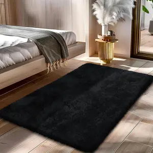 Fluffy Rug Shaggy Area Rug, Black 2x4 Area Rugs for Bedroom, Small Bedside Rug, Soft Fluffy Shaggy Entryway