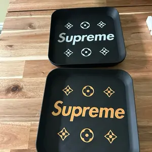 TDG Printing luxury inspired Dish Set - Black Tray with White and Gold Logo - Perfect for Serving and Displaying. Set of 4